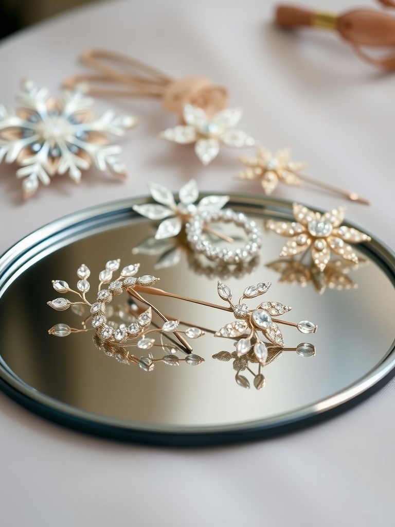 A collection of embellished hairpins on a reflective surface, showcasing intricate designs suitable for special occasions.