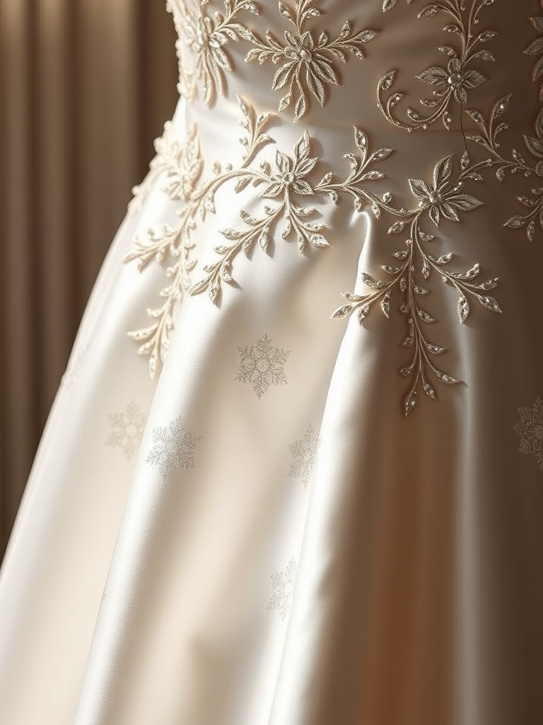 Close-up of a satin wedding dress with delicate embroidery designs