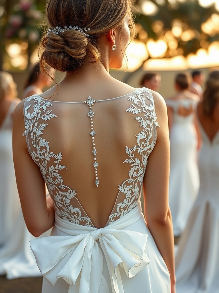 A woman wearing a backless wedding dress with lace embellishments and a bow, showcasing a daring bridal look.