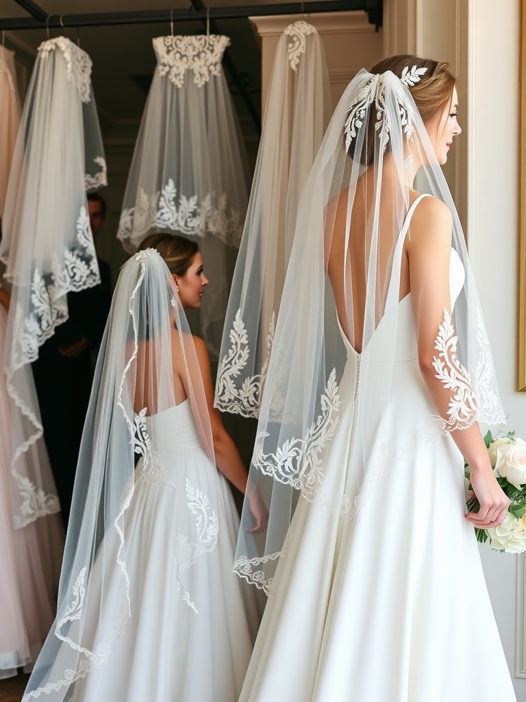 A display of bridal veils with intricate designs alongside bridal dresses