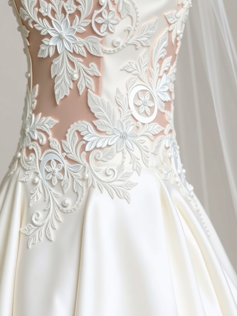 Close-up of an A-line wedding dress featuring intricate embroidery and lace detailing.