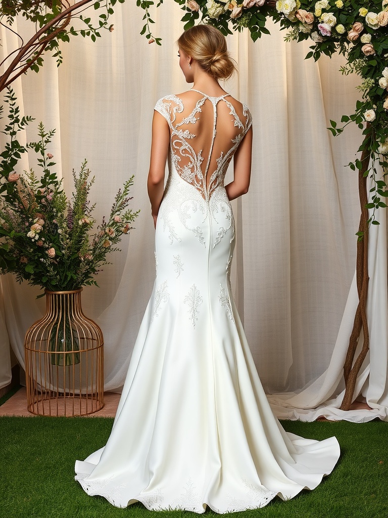 A bride wearing a fit and flare wedding dress with an elegant back design and floral embellishments.