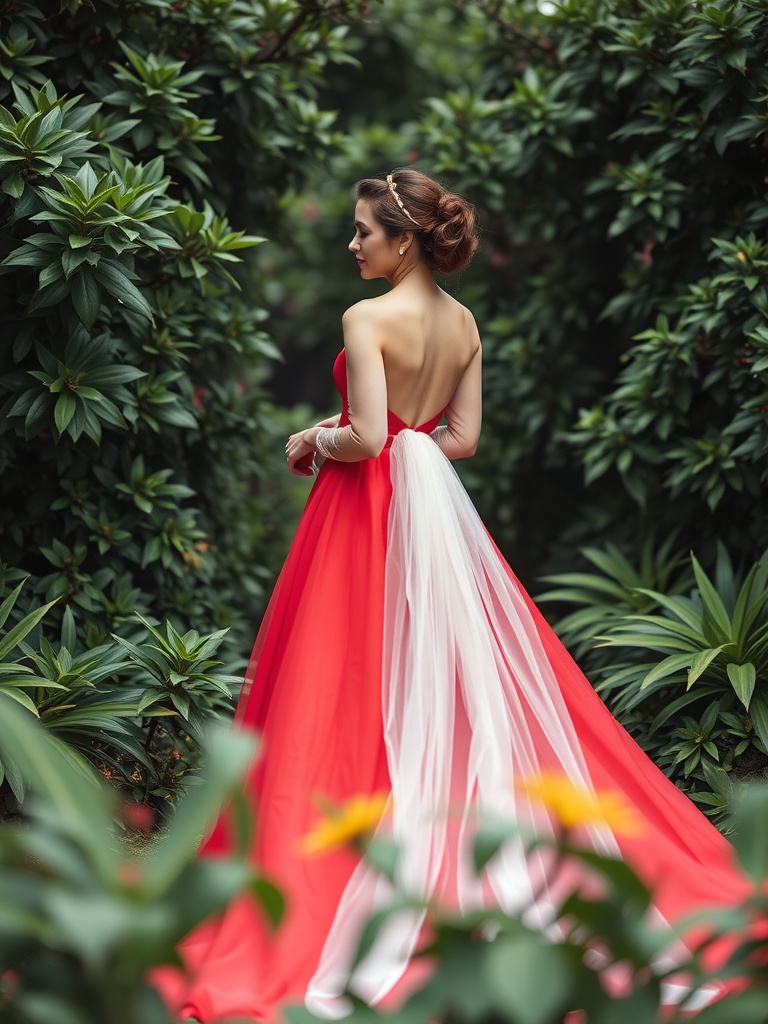 Bride in a bold red wedding dress with a flowing white train, surrounded by greenery.