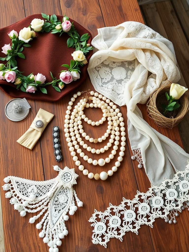 A selection of bridal accessories for a bohemian wedding theme, featuring a flower crown, pearls, lace gloves, and other natural elements.