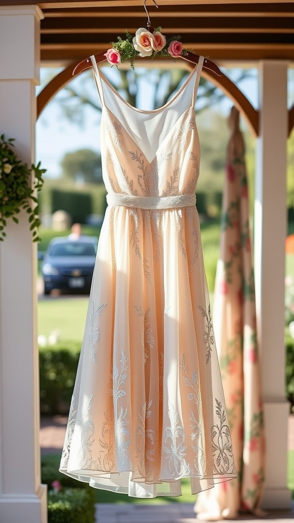 Embroidered fit-and-flare dress hanging on a rack with floral decor.