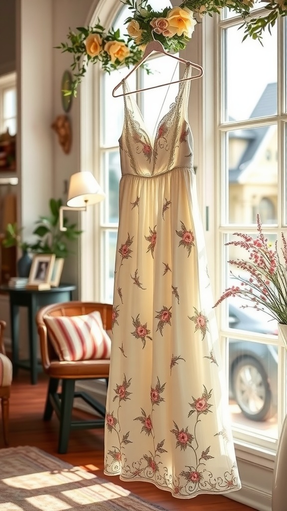 A beautiful embroidered midi dress hanging by a window, showcasing floral patterns and light fabric.