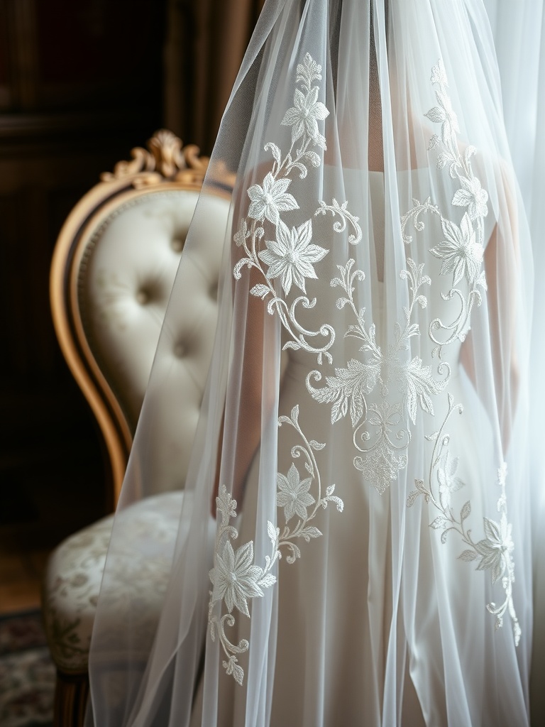 An elegant embroidered bridal veil with floral designs draped over a bride, highlighting the intricate details.