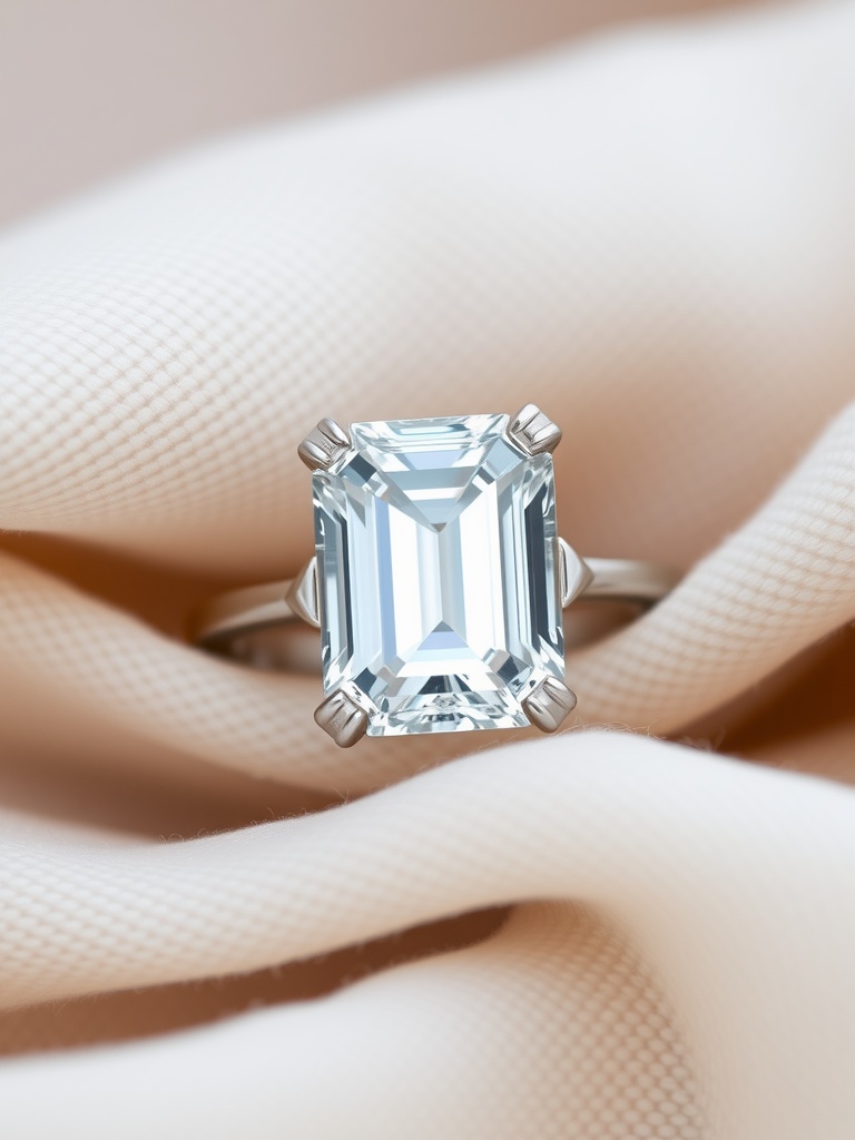 Emerald cut engagement ring on soft fabric