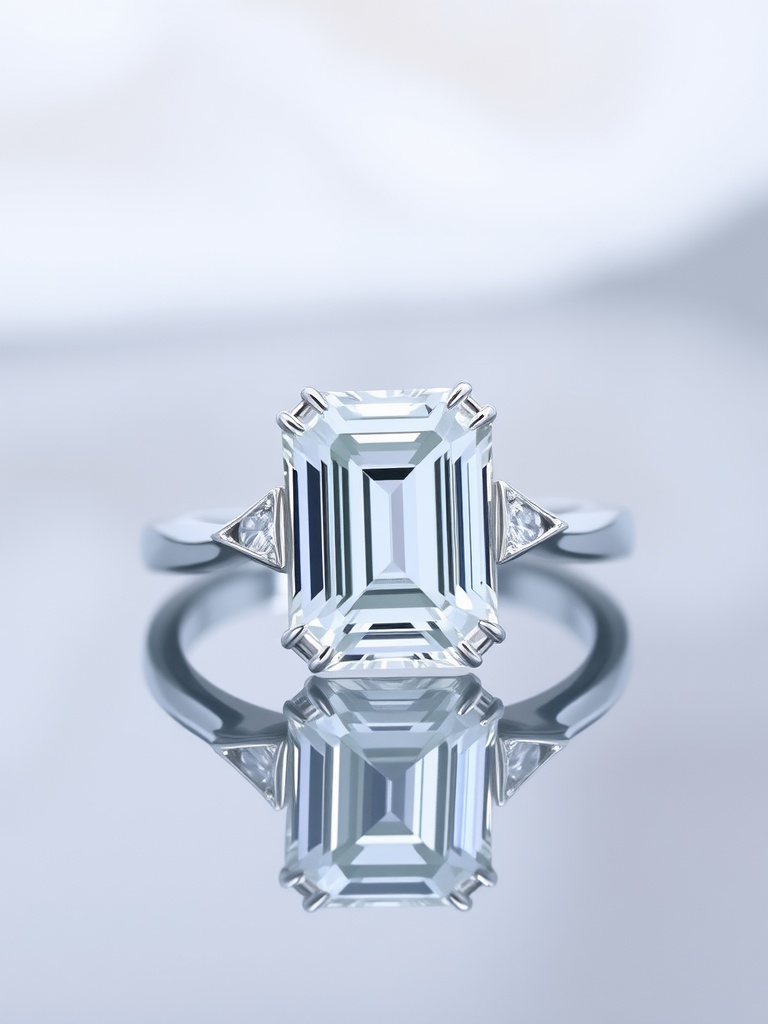 Emerald cut engagement ring with side stones, showcasing a clear rectangular diamond set in a sleek band.