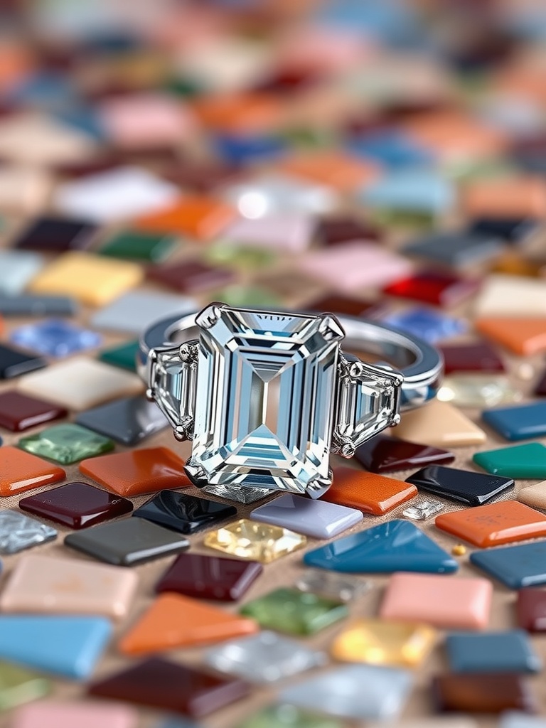 Emerald cut engagement ring with colored gemstones set against colorful mosaic tiles