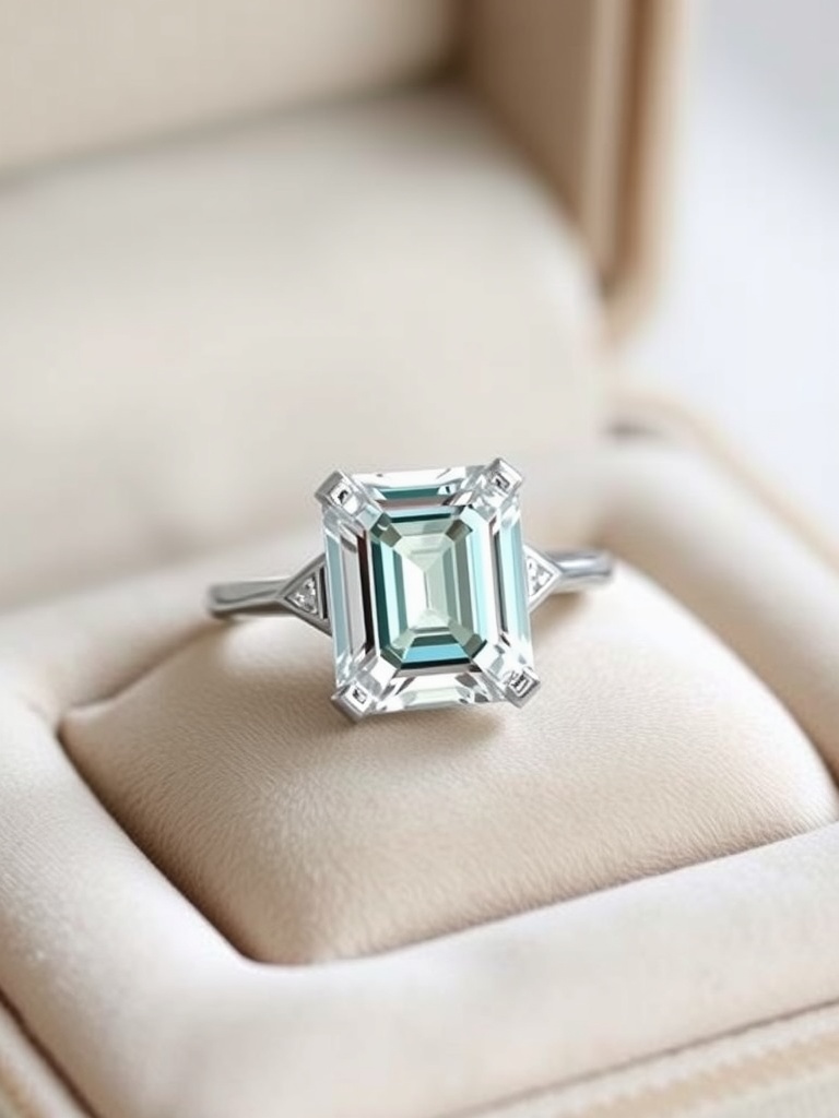 Emerald cut engagement ring with custom engraving displayed on a soft jewelry box.