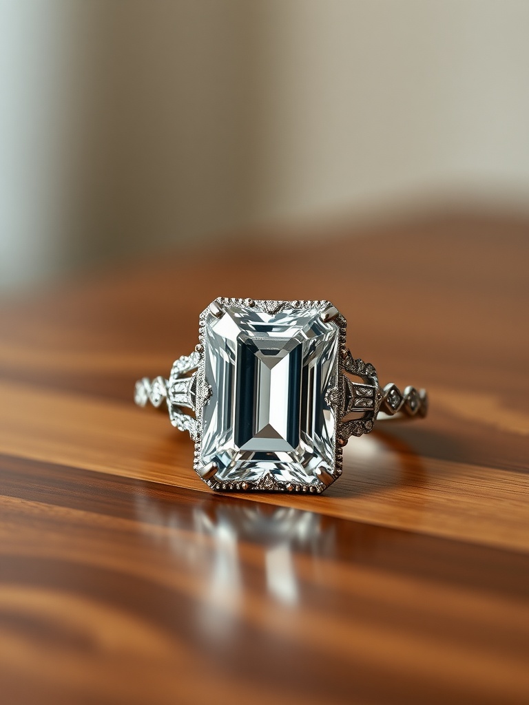 Emerald cut engagement ring with intricate filigree design, set on a wooden surface.