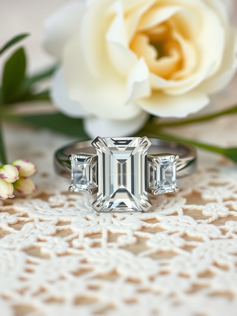 Emerald cut three-stone engagement ring with a central diamond and two side stones, placed on lace and surrounded by flowers