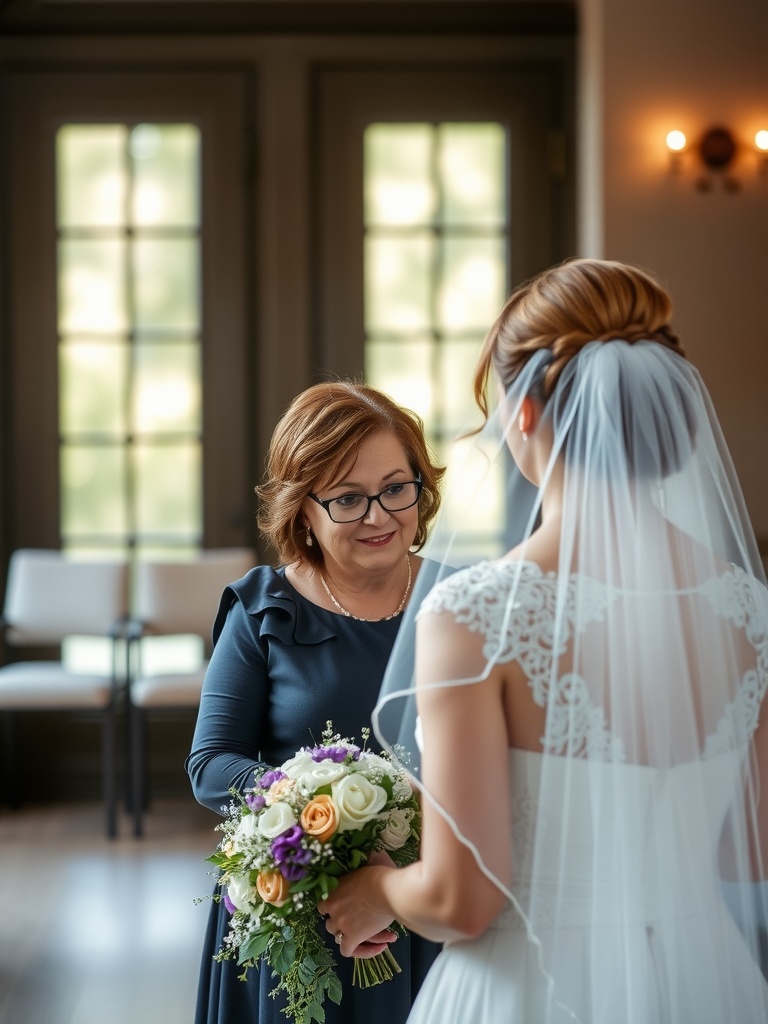 A bride with a veil and her mother, sharing a sentimental moment before the wedding ceremony.
