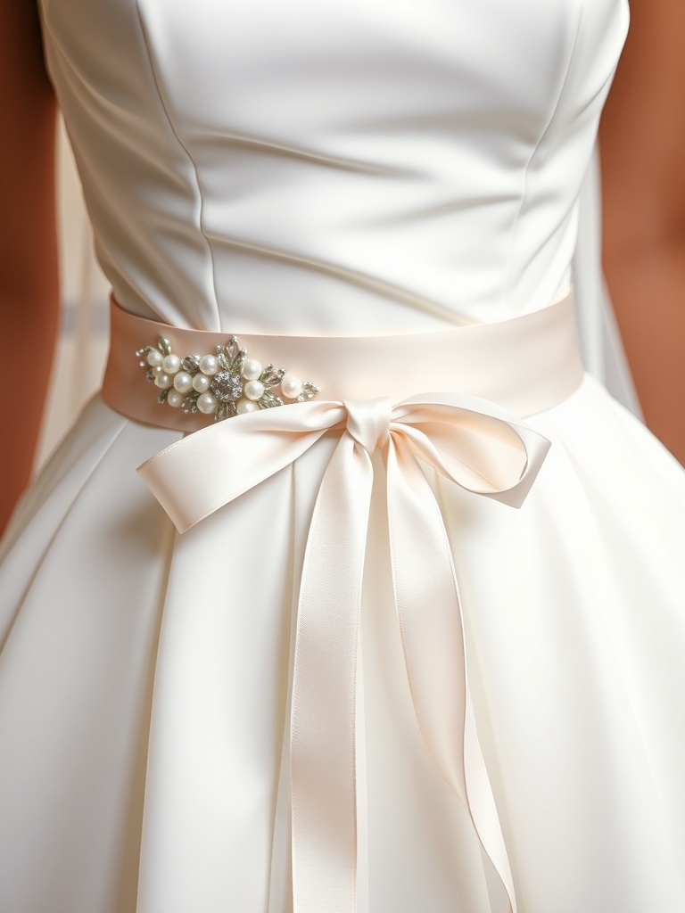 Close-up of a wedding dress with a decorative satin sash
