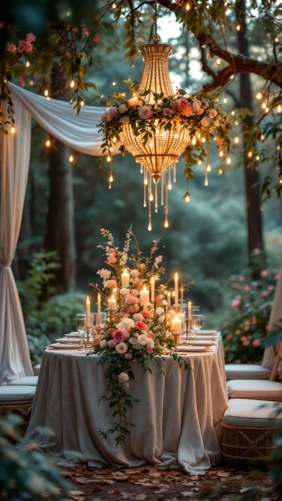 A beautifully decorated table in a forest setting with a chandelier, flowers, and candles