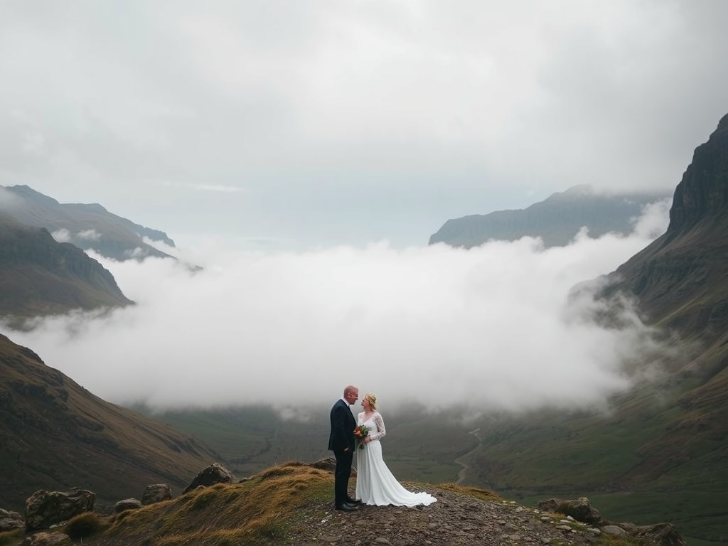 A couple standing on a mountain peak in Glencoe, Scotland, surrounded by dramatic clouds and hills.