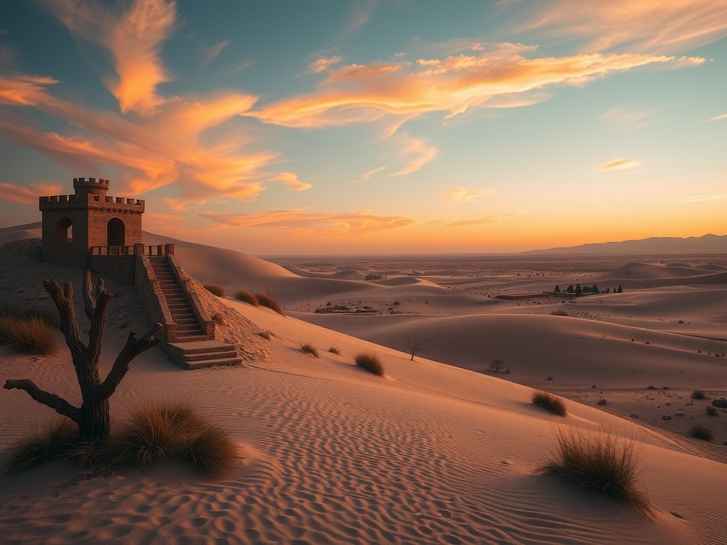 Enchanting desert dunes with a castle-like structure at sunset