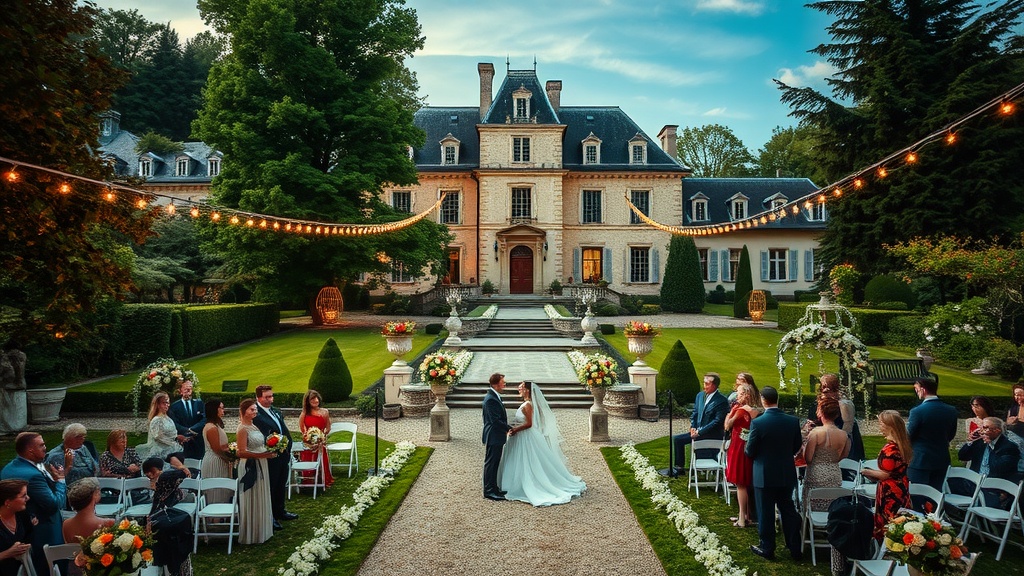 A picturesque wedding ceremony taking place outdoors at a beautiful castle venue in France.