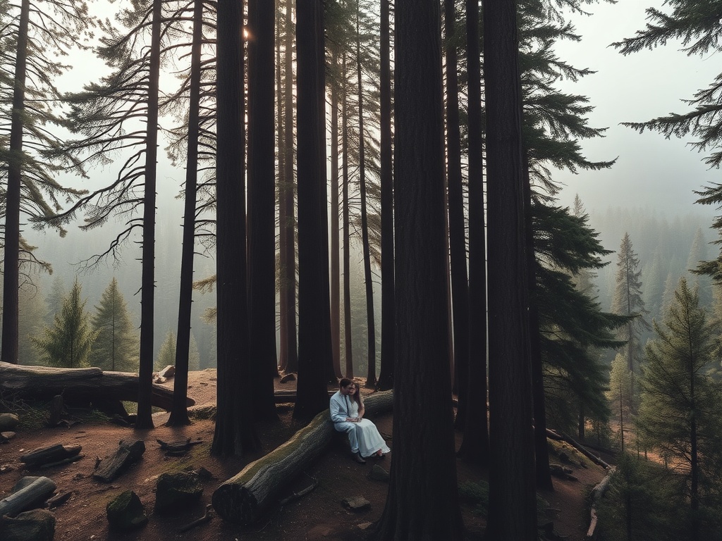 A couple sitting on a log in the misty Black Forest, surrounded by towering trees and soft light filtering through the foliage.
