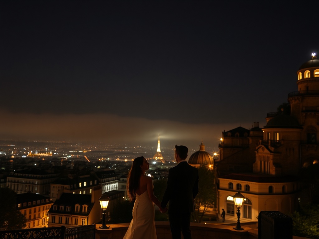 Couple holding hands in Montmartre, Paris, with Eiffel Tower in the background at night