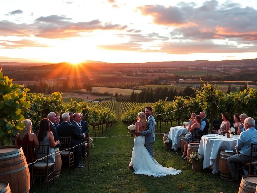 A couple exchanging vows in a vineyard during sunset