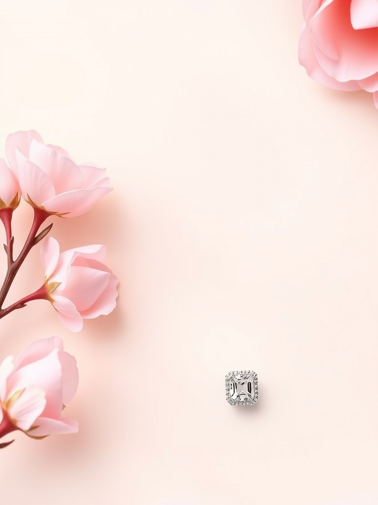 A cushion cut diamond ring placed on a soft pink background with flowers