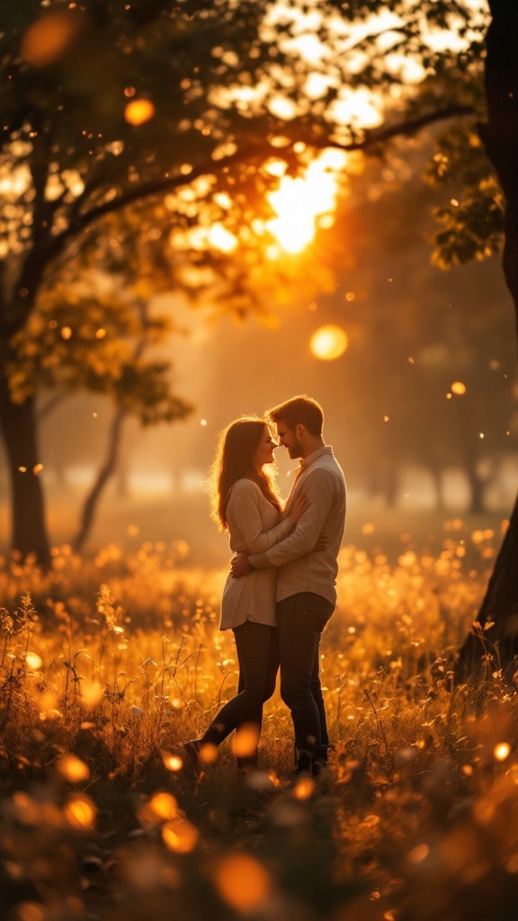 Couple embracing in a field during sunset with soft lighting