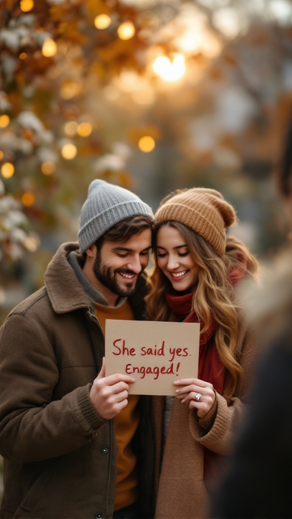 A happy couple with a sign that says 'She said yes. Engaged!' in a cozy autumn setting.