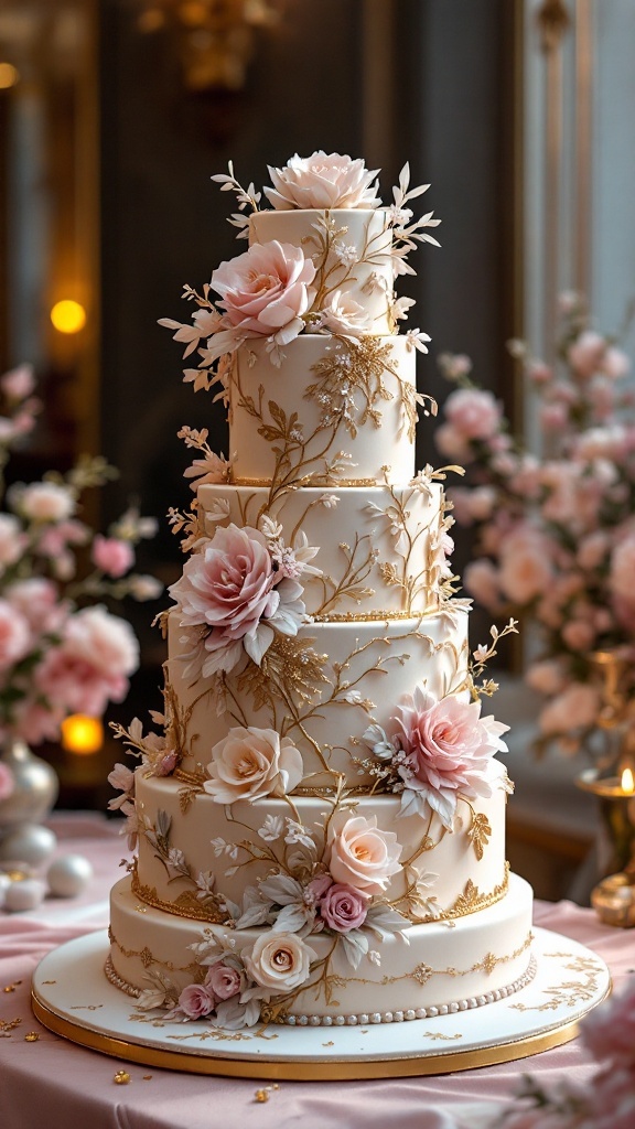 A luxurious wedding cake decorated with intricate floral designs and gold accents.