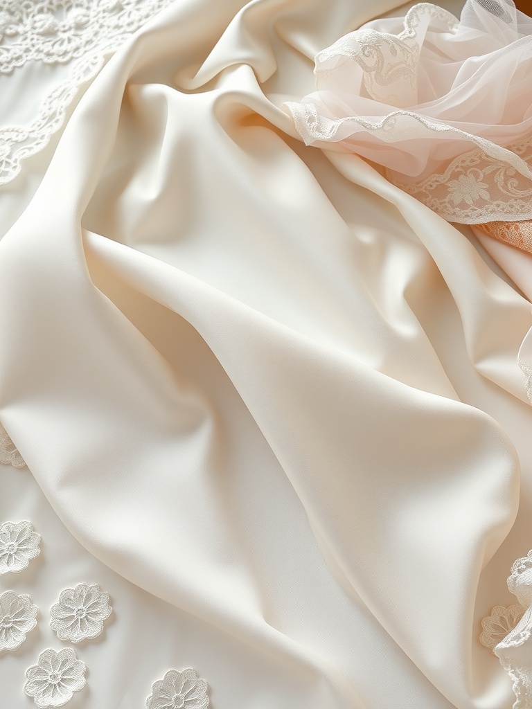 Soft wedding dress fabric with delicate lace and floral embellishments.