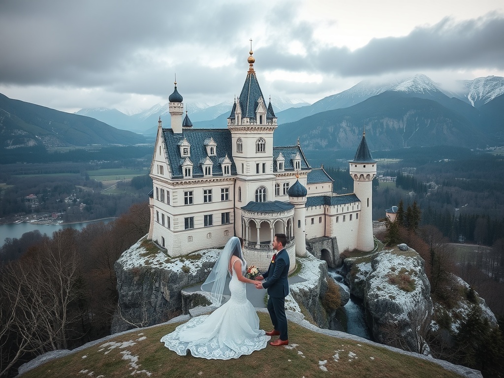 Couple in wedding attire at Neuschwanstein Castle, surrounded by mountains and a dramatic sky.