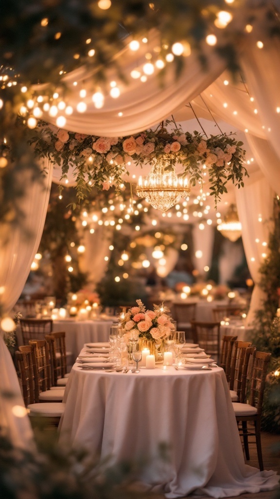 A romantic wedding setting featuring a fairy light canopy, beautifully arranged tables, and floral decor.