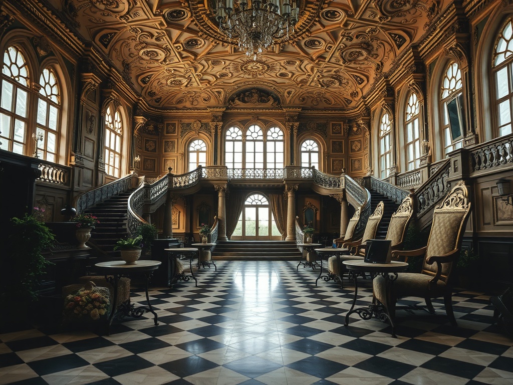 A grand hall with ornate architecture, featuring a sweeping staircase, large windows, and elegant decor, perfect for a fairy tale wedding.