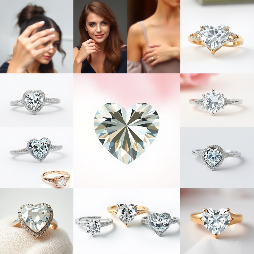 A collection of heart-shaped engagement rings featuring various designs and styles.