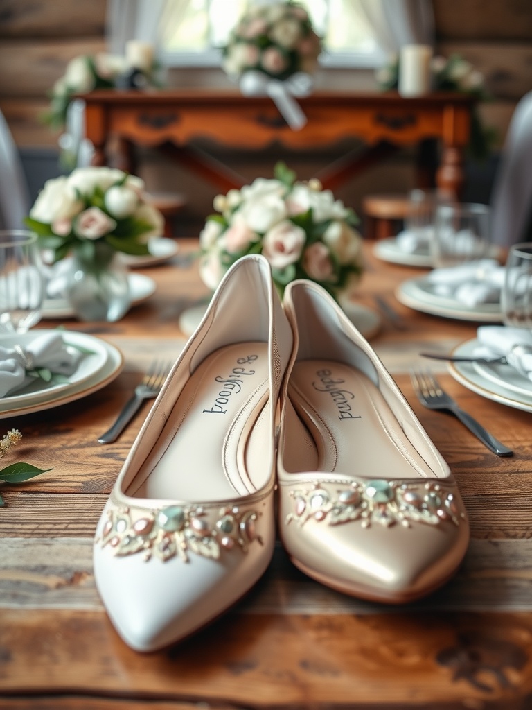 A stylish pair of bridal flats with embellishments on a wooden table set for a wedding.