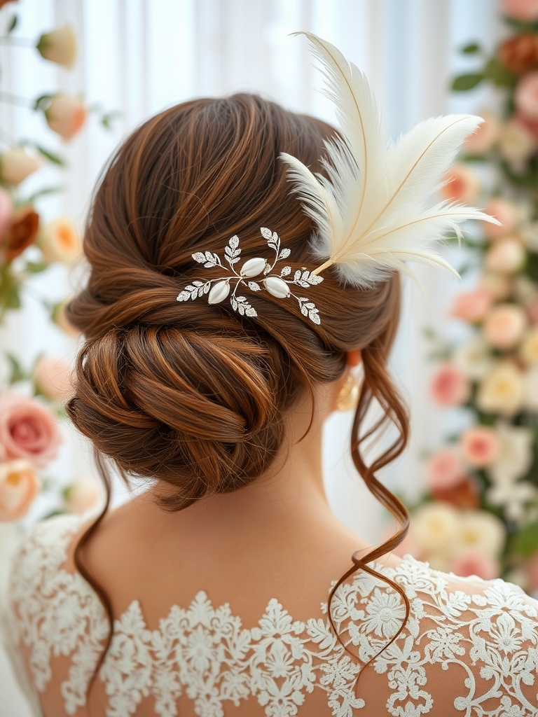 A bridal hairstyle featuring a delicate feather accent with floral embellishments.