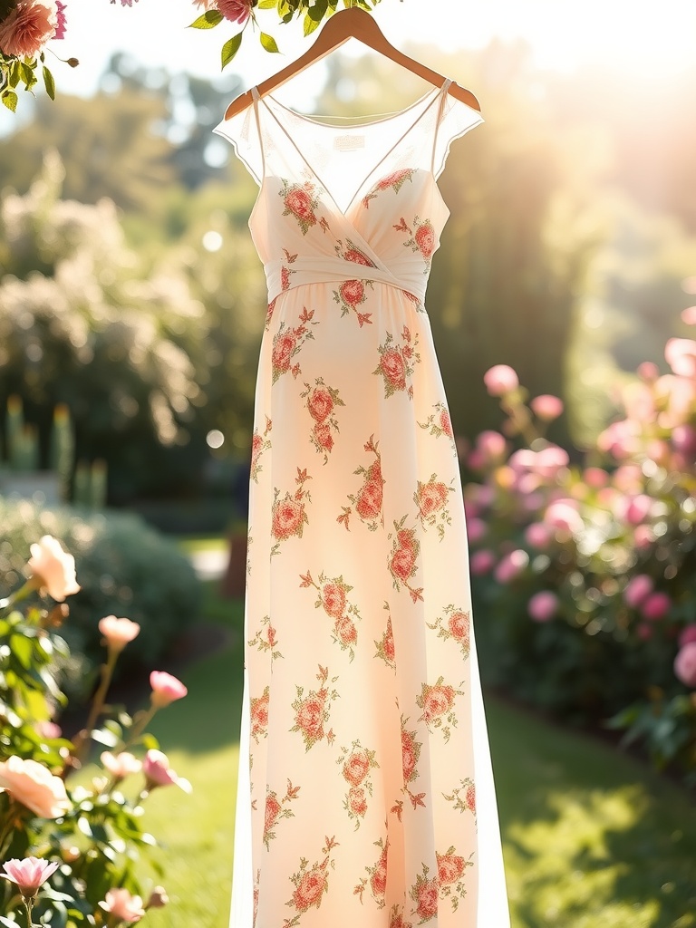 A floral maternity wedding dress hanging in a garden setting