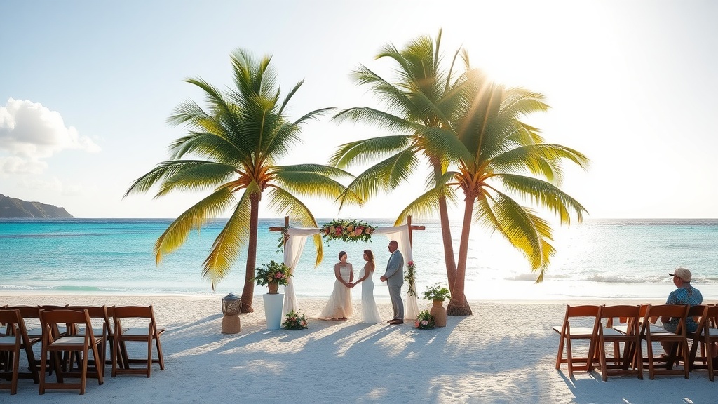 A beautiful beach wedding setup in Fiji with palm trees, a floral arch, and a serene ocean view.