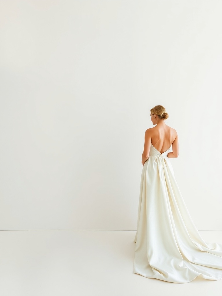 A bride in a minimalist wedding dress with a backless design, standing against a plain background.