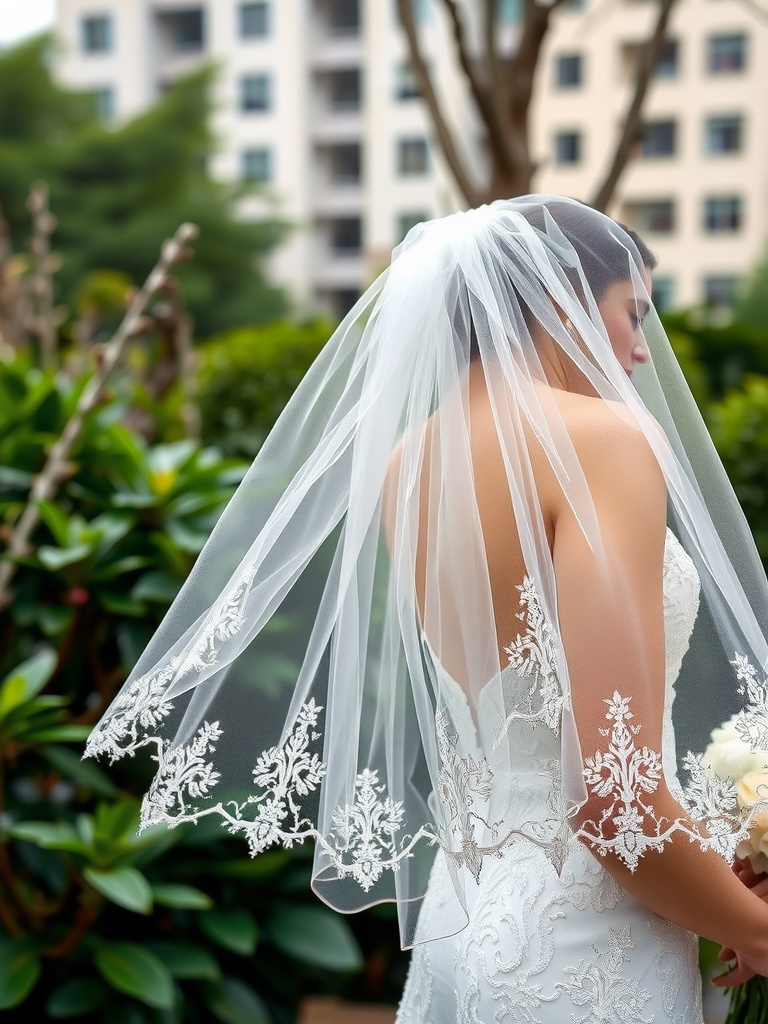 Bride with a fingertip veil, showcasing intricate lace details, surrounded by greenery.