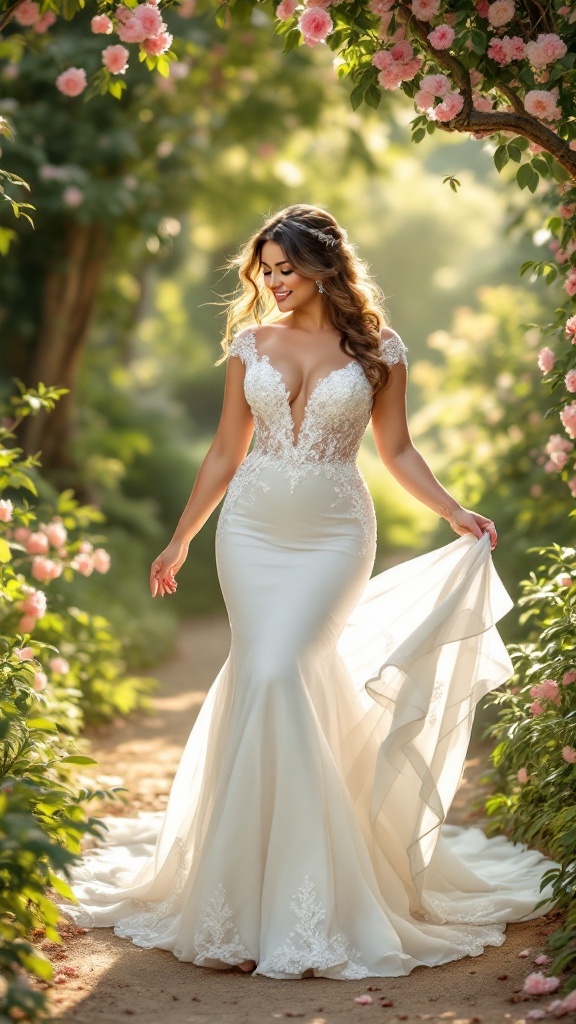 A curvy bride in a fit-and-flare wedding dress surrounded by flowers.