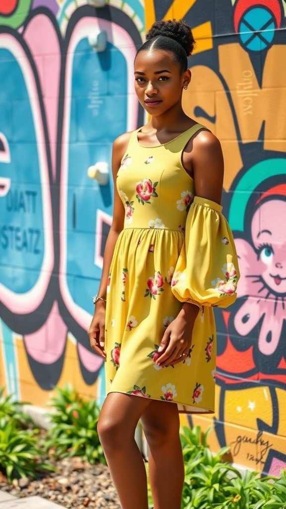 A young woman wearing a yellow floral mini dress with balloon sleeves, standing against a colorful mural.