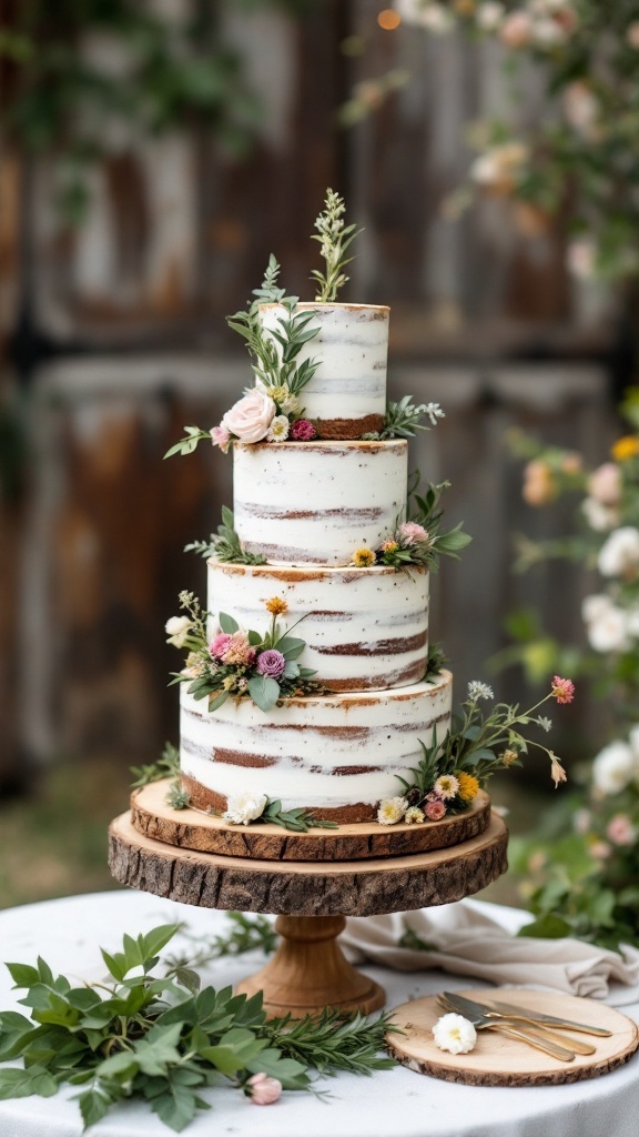 A rustic wedding cake with floral and herb accents, beautifully displayed on a wooden stand.