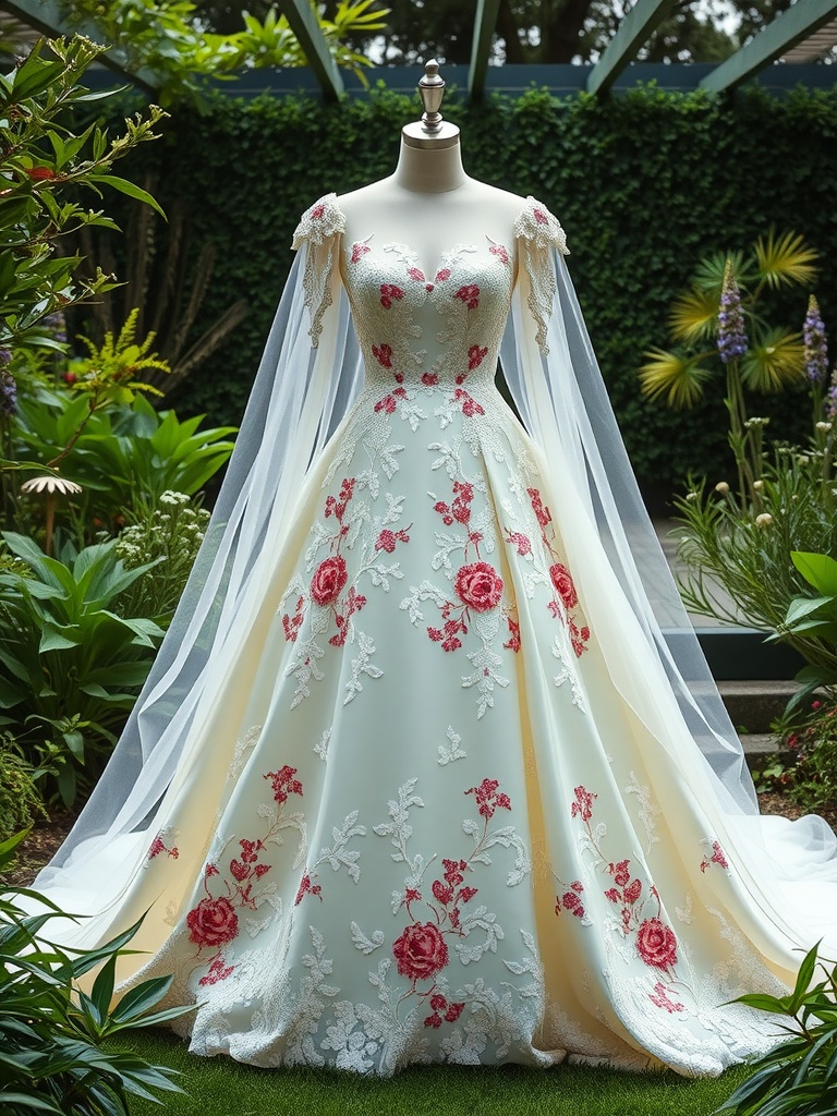 A floral wedding dress with bold sleeves and intricate embroidery displayed in a garden setting.