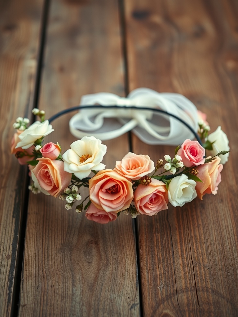 A floral crown decorated with soft pastel roses and white blooms, set against a rustic wooden background.