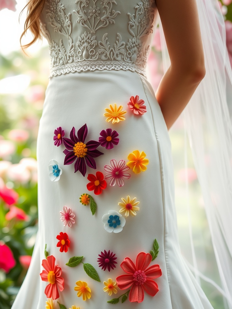 A bride in a floral-embellished colored wedding dress, featuring various flowers on the bodice, standing in a garden.