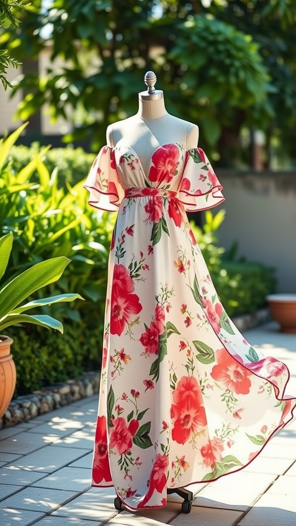 Floral maxi dress with ruffle sleeves displayed outdoors