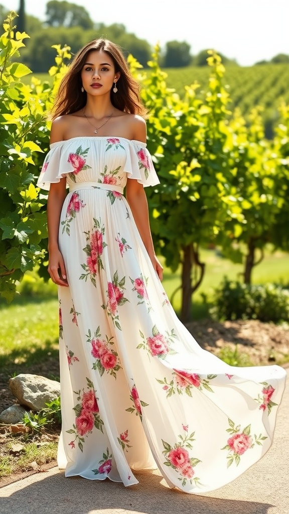 A woman in a floral off-the-shoulder maxi dress standing in a vineyard