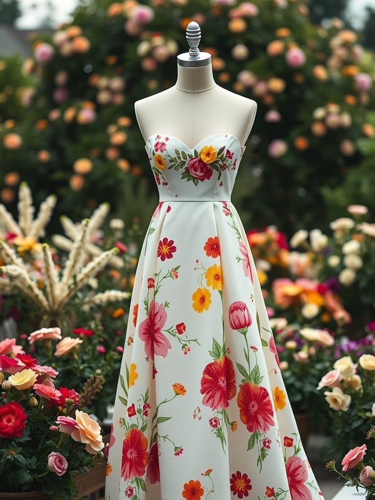 A floral print wedding dress displayed on a mannequin surrounded by colorful flowers.